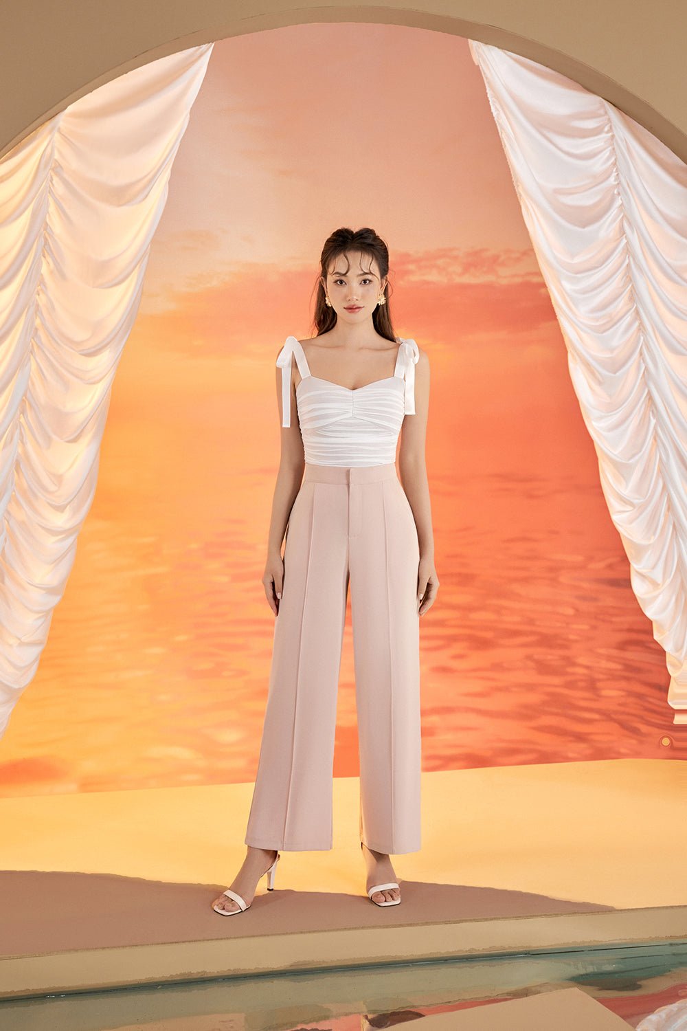 Velda Sweetheart Mesh Top with Ribbon Straps in Iconic White