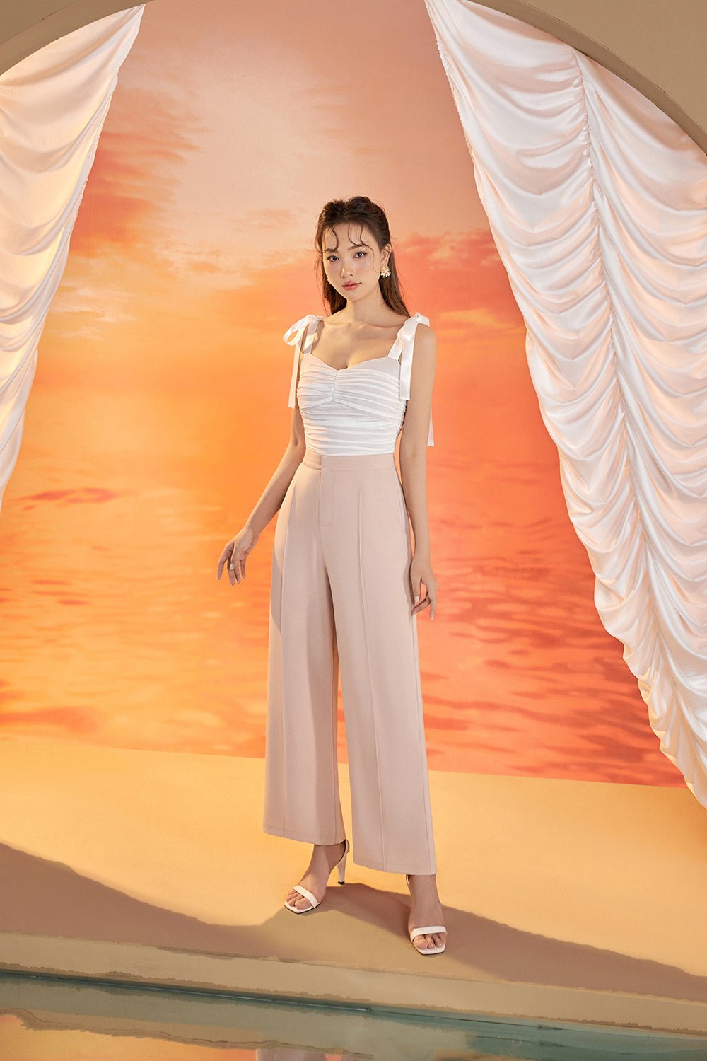 Velda Sweetheart Mesh Top with Ribbon Straps in Iconic White