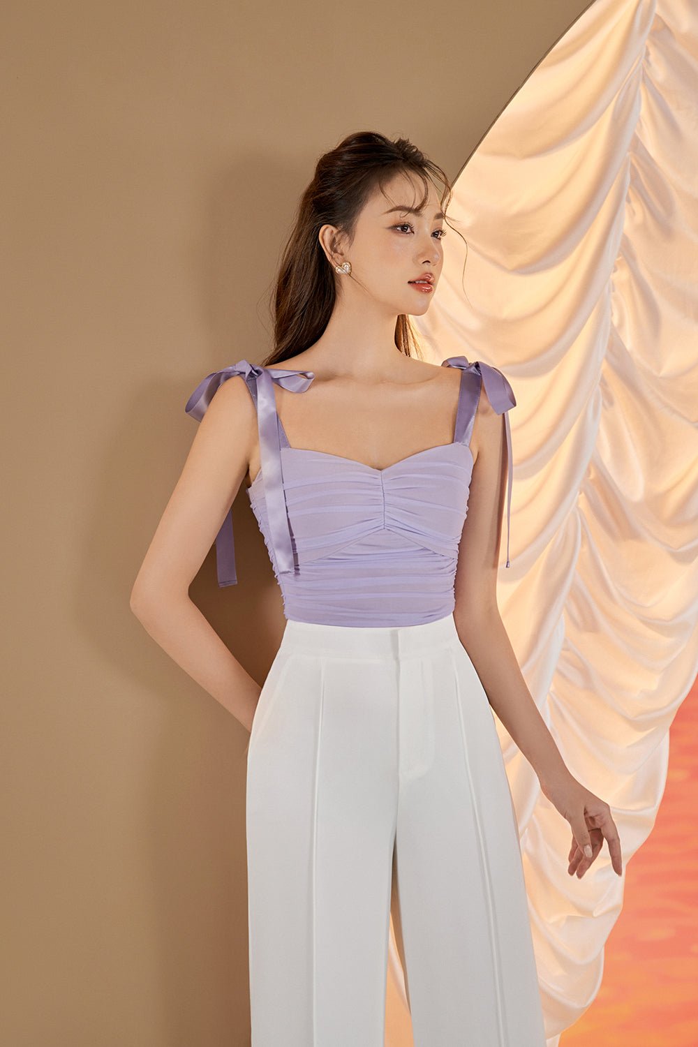 Velda Sweetheart Mesh Top with Ribbon Straps in Iconic White