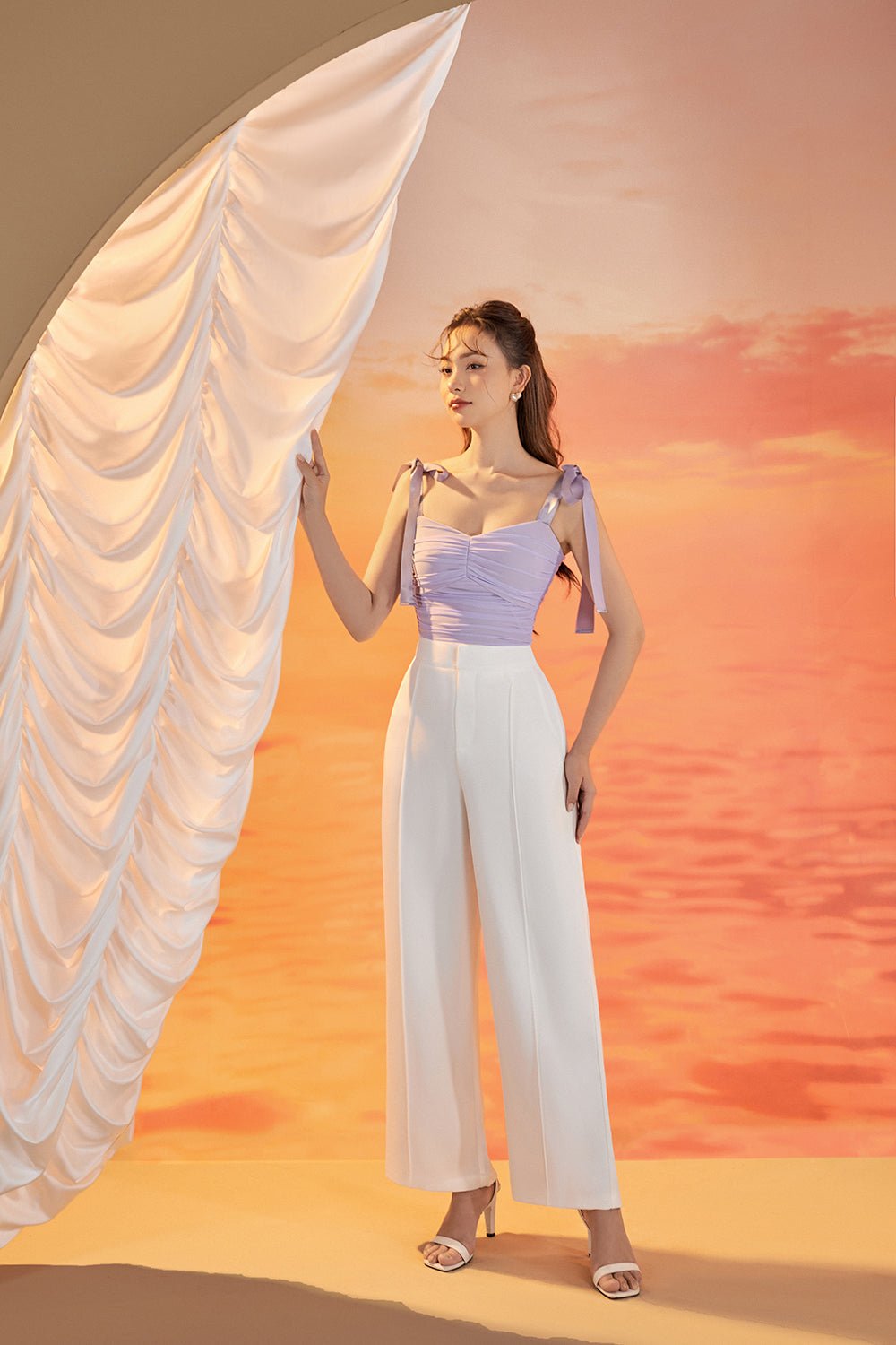 Velda Sweetheart Mesh Top with Ribbon Straps in Lavender