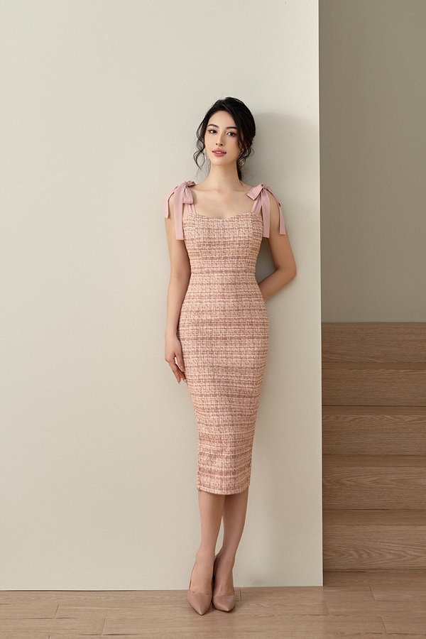 Alexiel Ribbon Strap Fitted Dress in Rose Tweed
