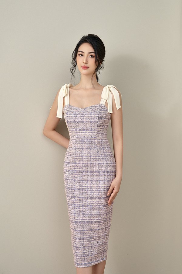 Alexiel Ribbon Strap Fitted Dress in Violet Tweed