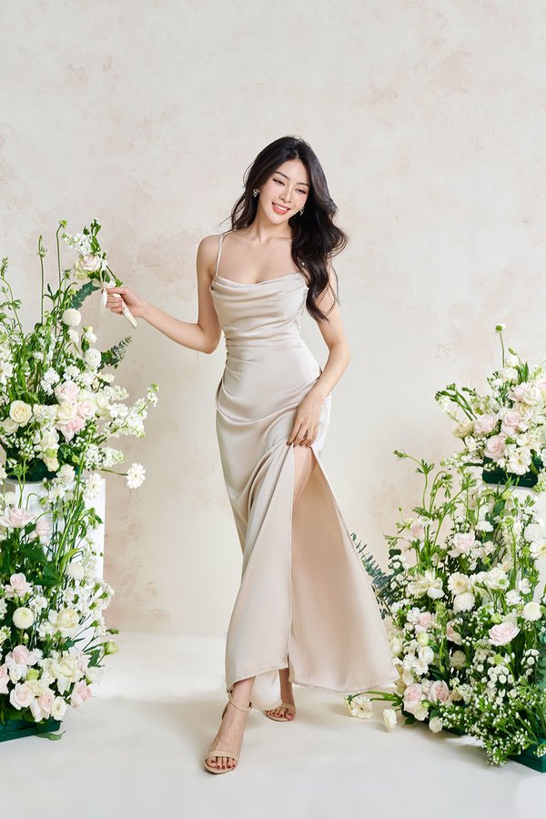 Artemis Ethereal Cowl Ruched Maxi Dress in Champagne
