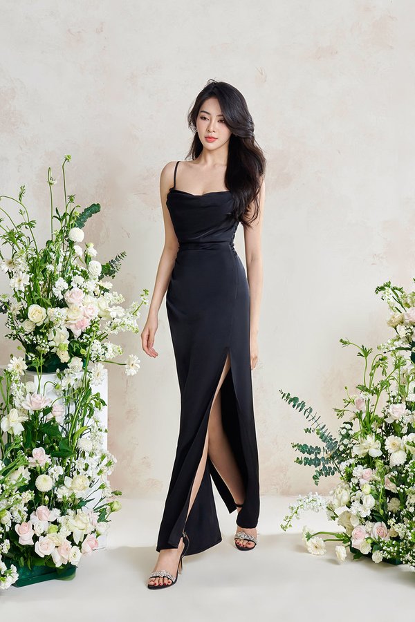 Artemis Ethereal Cowl Ruched Maxi Dress in Classic Black