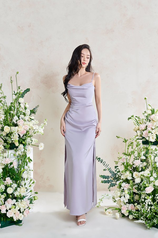Artemis Ethereal Cowl Ruched Maxi Dress in Lavender