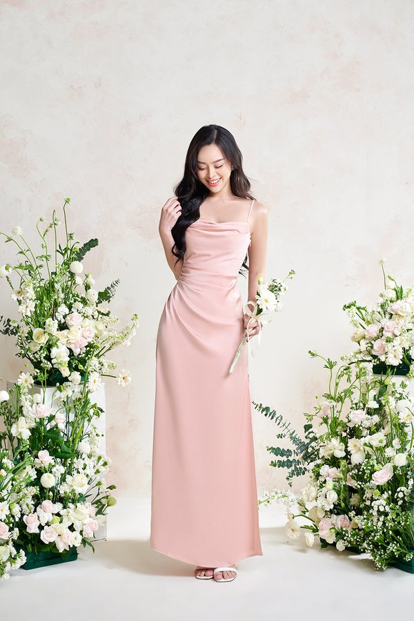 Artemis Ethereal Cowl Ruched Maxi Dress in Rose