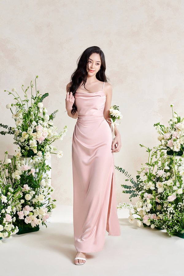 Artemis Ethereal Cowl Ruched Maxi Dress in Rose