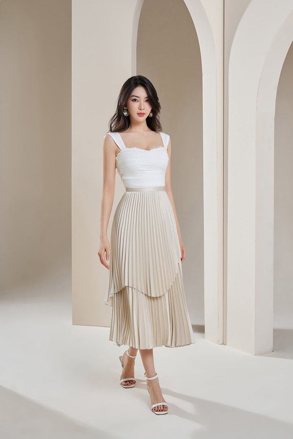 Arya Silky Pleated Midi Skirt in Pearl