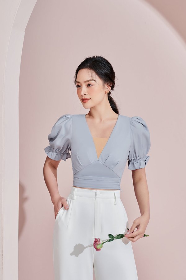 Autumn Puffy Sleeves Top in Dusty Blue