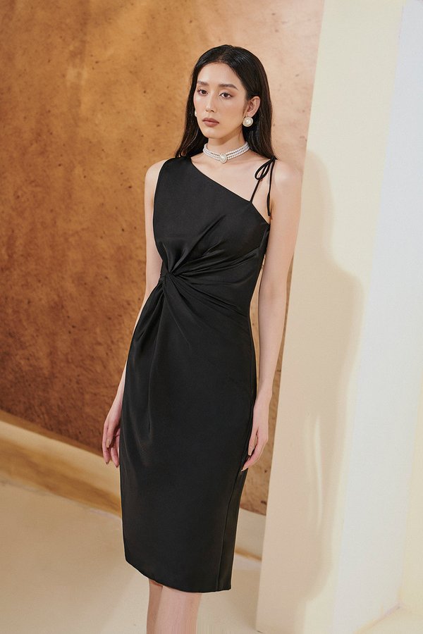 Diana Knotted Asymmetrical Neckline Dress in Classic Black
