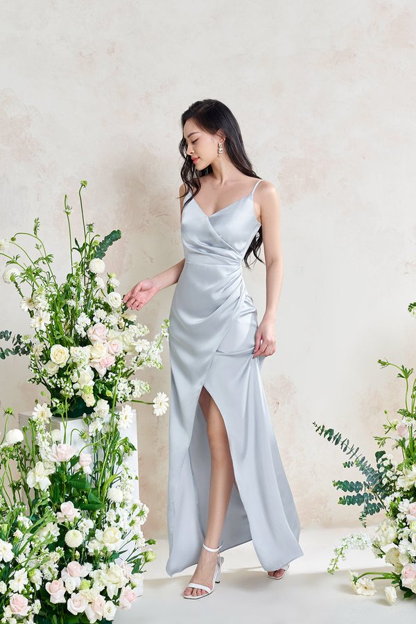 Raisa Romantic Ruched Maxi Dress in Frost Blue