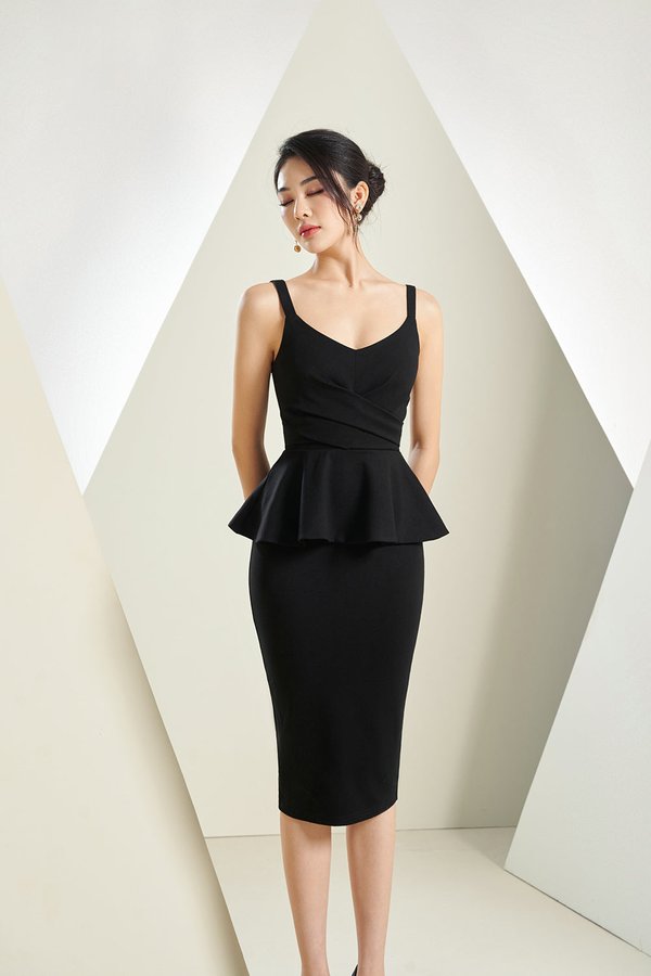 Ines Fitted Peplum Midi Dress in Classic Black