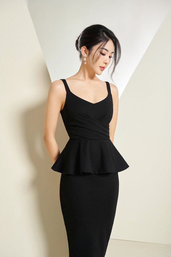 Ines Fitted Peplum Midi Dress in Classic Black