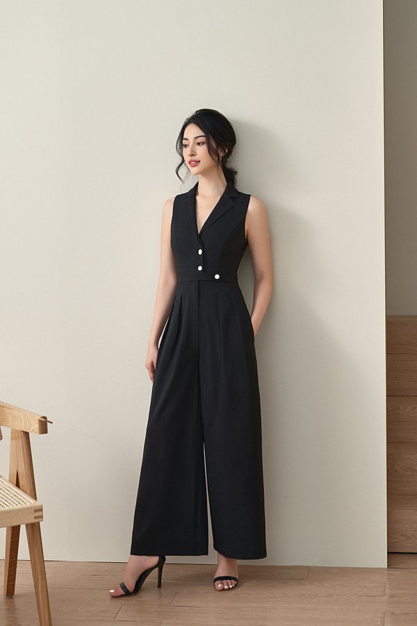 Kendra Vest Shell Buttoned Jumpsuit in Classic Black