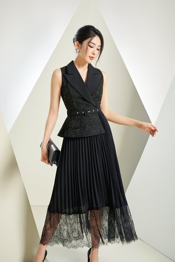 Lexi Waistcoat & Lace Pleats Dress in *Premium* Black Tweed