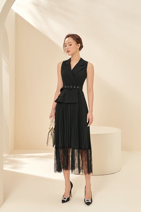 Lexi Waistcoat & Lace Pleats Dress in Classic Black