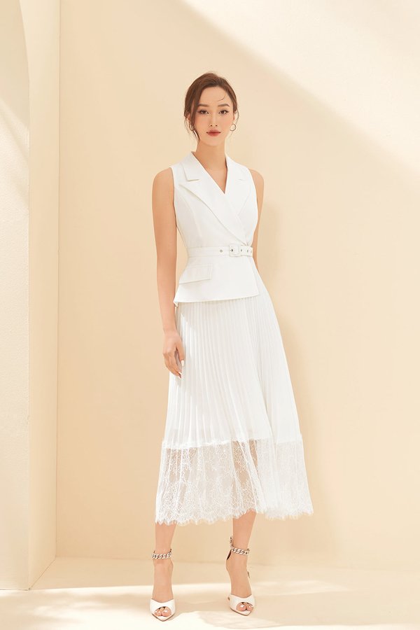 Lexi Waistcoat & Lace Pleats Dress in Iconic White 