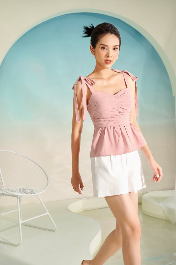 Millie Ruched Peplum Ribbon Top in Rose Pink