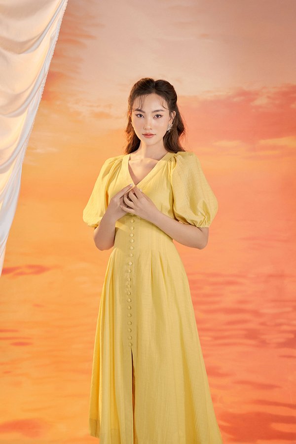 Nori Puffy Sleeved Fit & Flare Dress in Canary Yellow