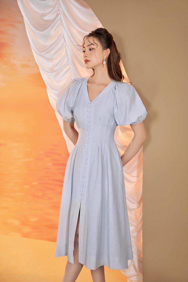 Nori Puffy Sleeved Fit & Flare Dress in Cloud Blue