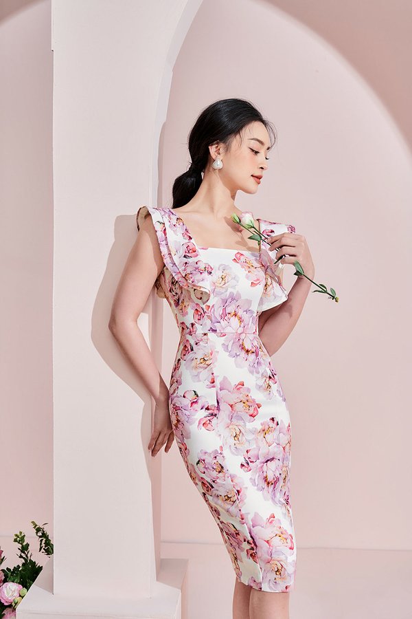 Odette Flutter Pencil Dress in Peony/Iconic White