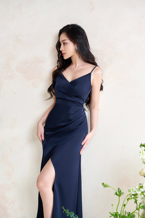 Raisa Romantic Ruched Maxi Dress in Midnight Blue