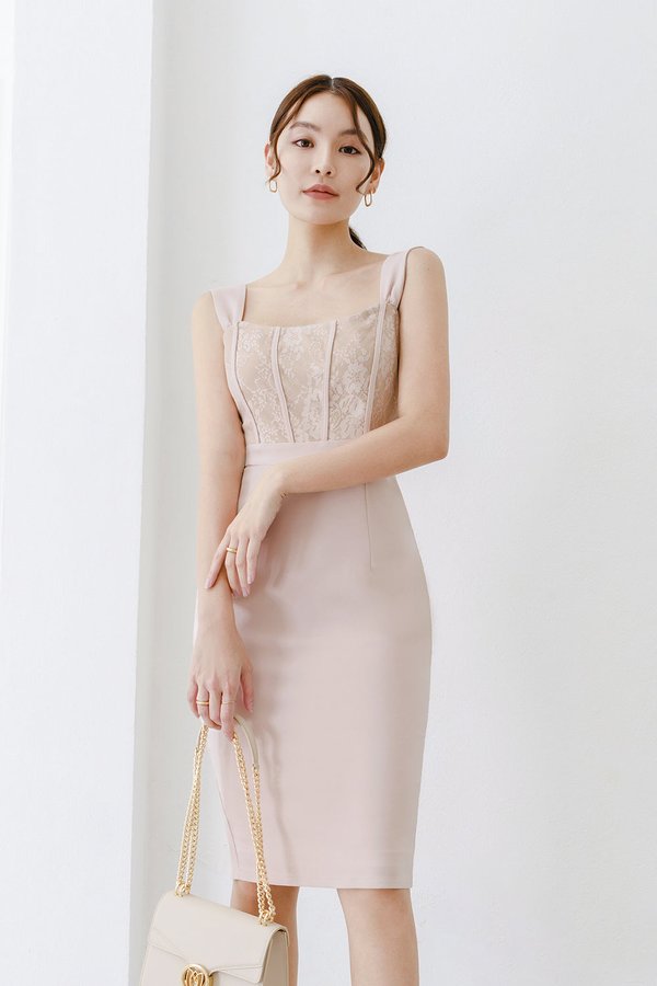Sealia Lace Fitted Midi Dress in Beige Rose