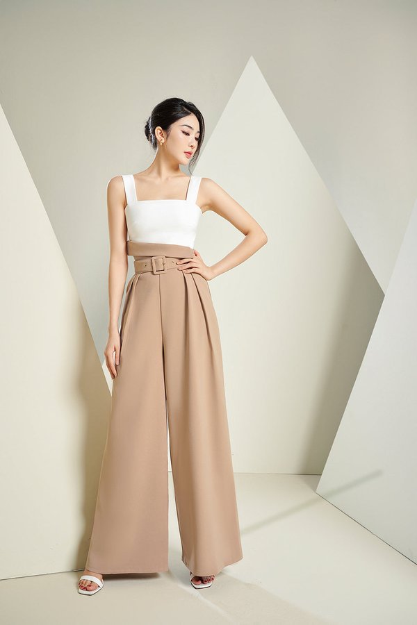 Tory Fold Over High Waist Pants in Brown Beige