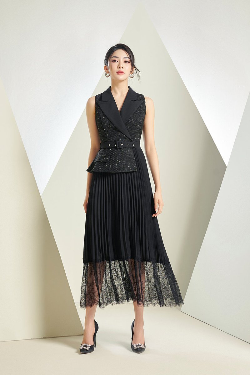 Lexi Waistcoat & Lace Pleats Dress in *Premium* Black Tweed | Chello