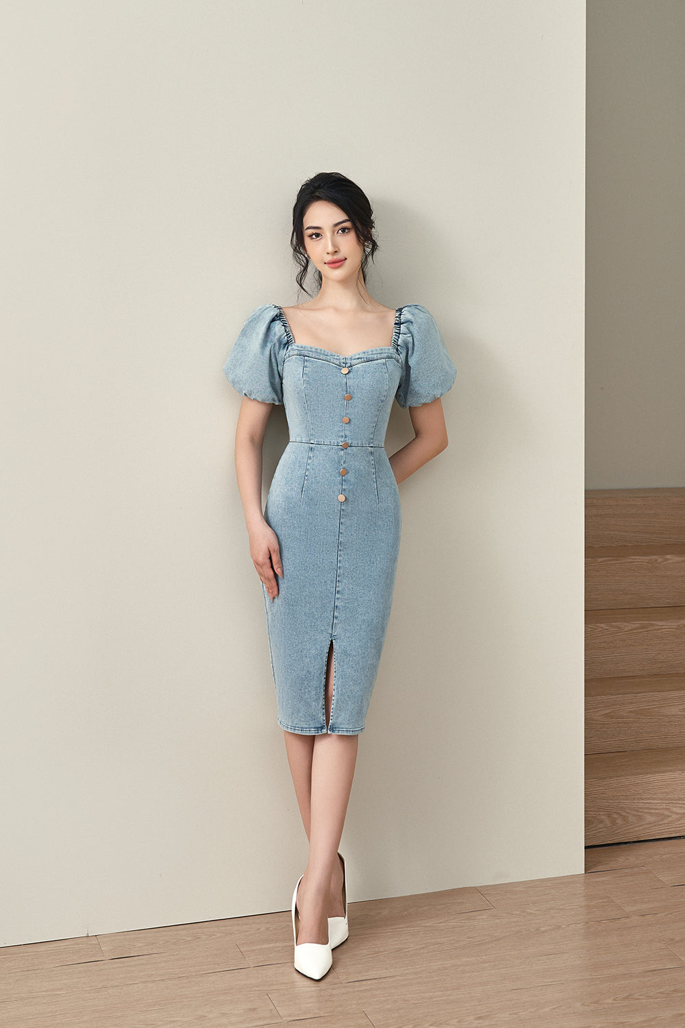 Brie Puff Sleeves Stretchy Denim Dress