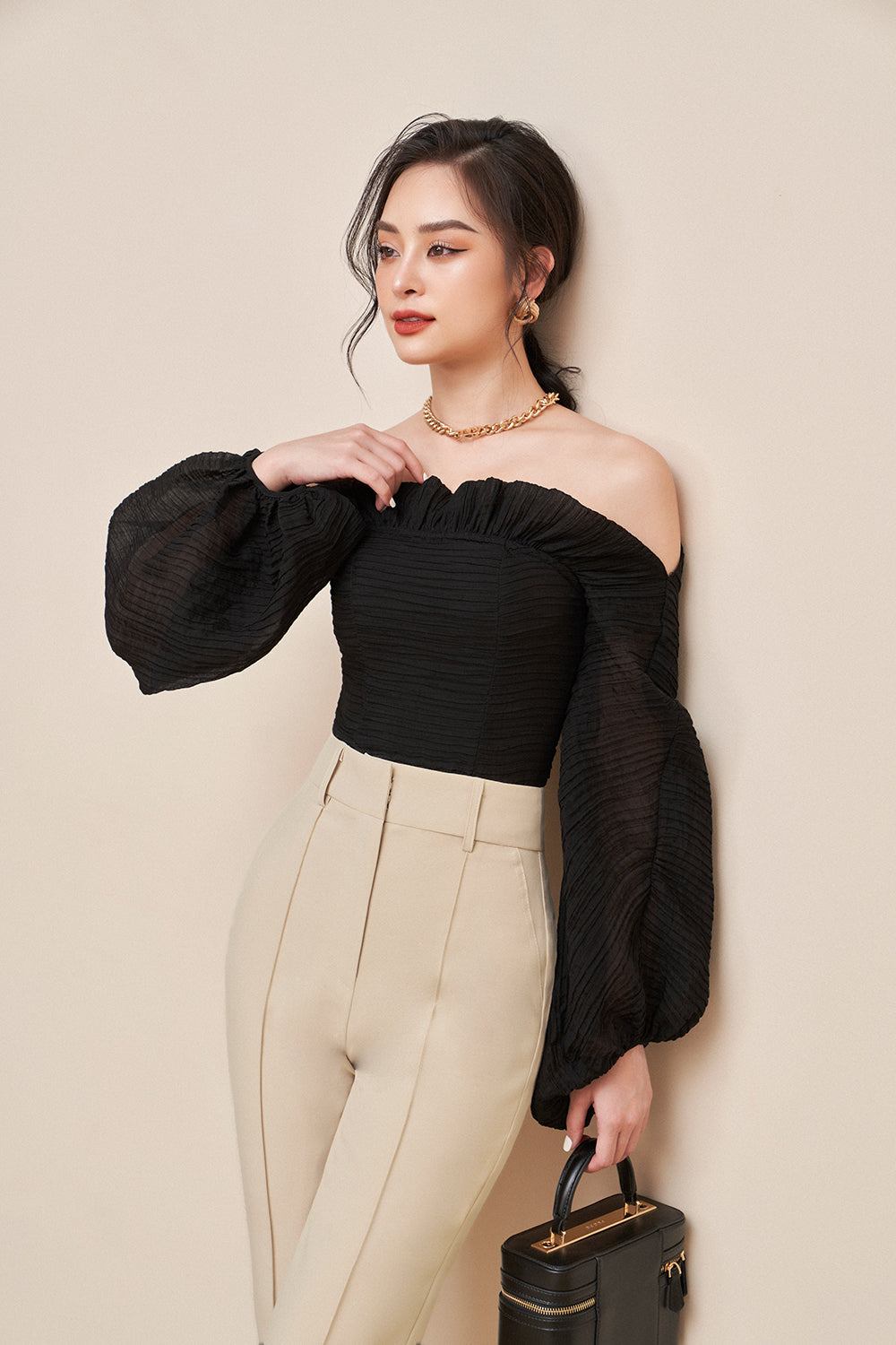 Eve Off shoulder Blouson in Black | Chello