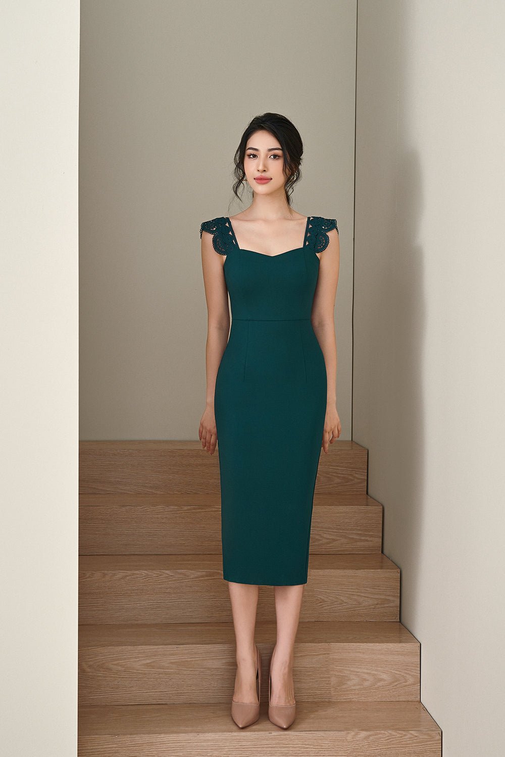 Brigitta Crochet Strap Pencil Dress in Emerald Green
