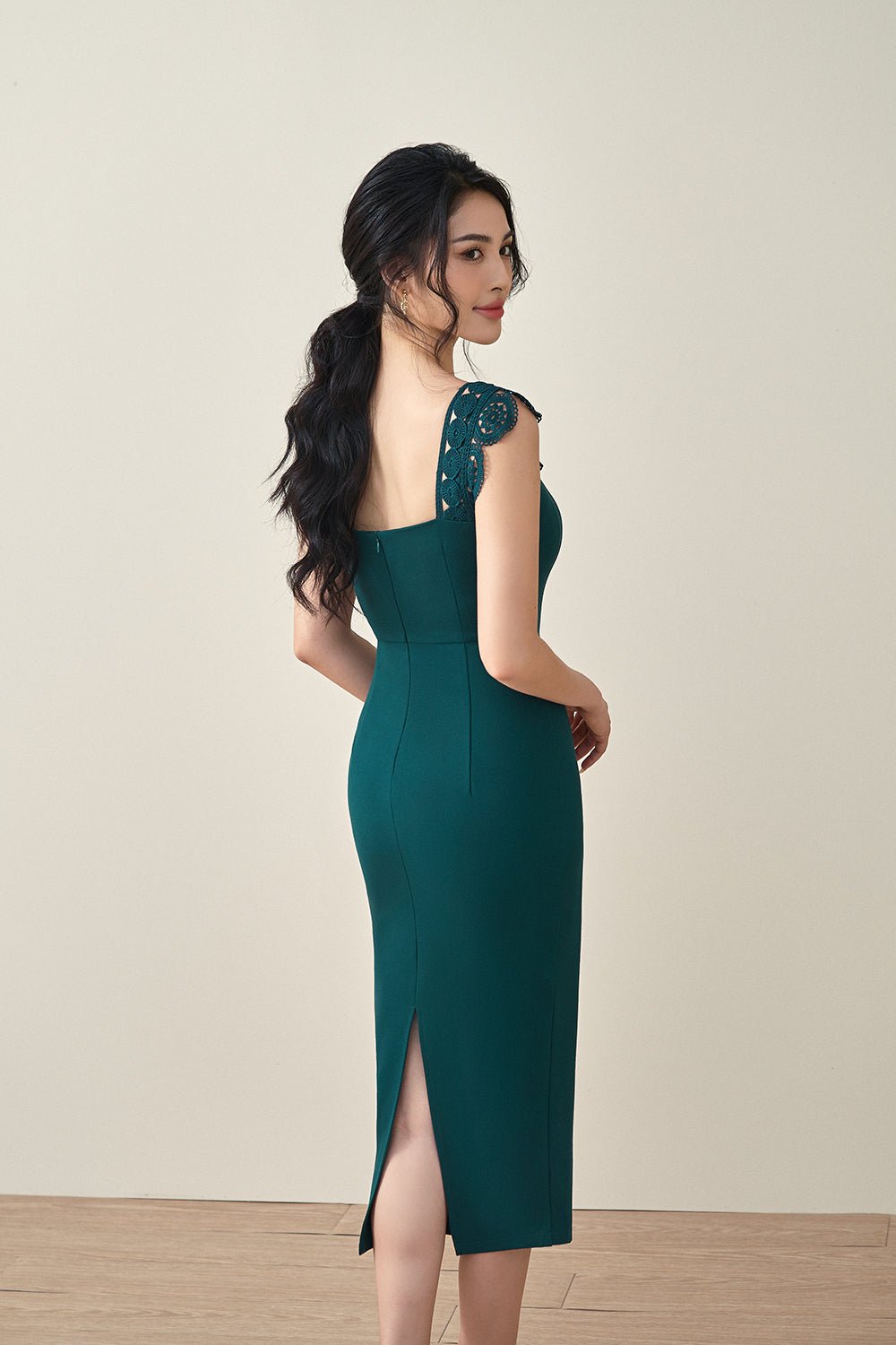 Brigitta Crochet Strap Pencil Dress in Emerald Green
