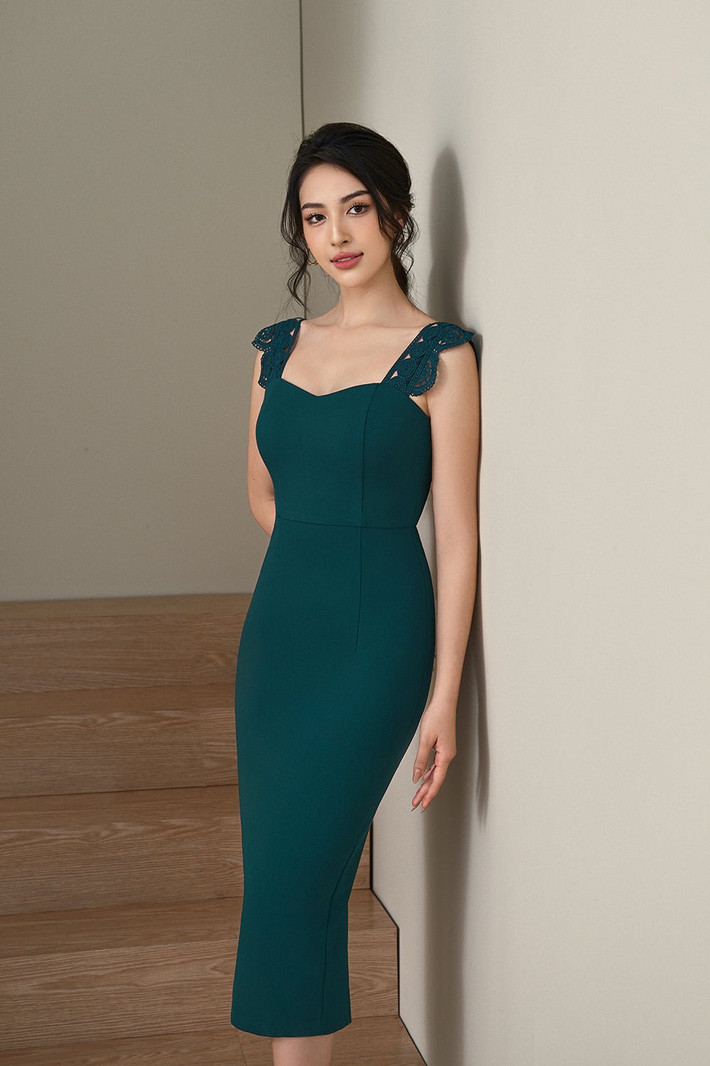 Brigitta Crochet Strap Pencil Dress in Emerald Green