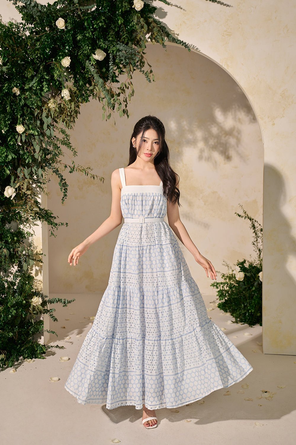 Amelie 3-Way Maxi Dress in White & Blue Broderie Anglaise