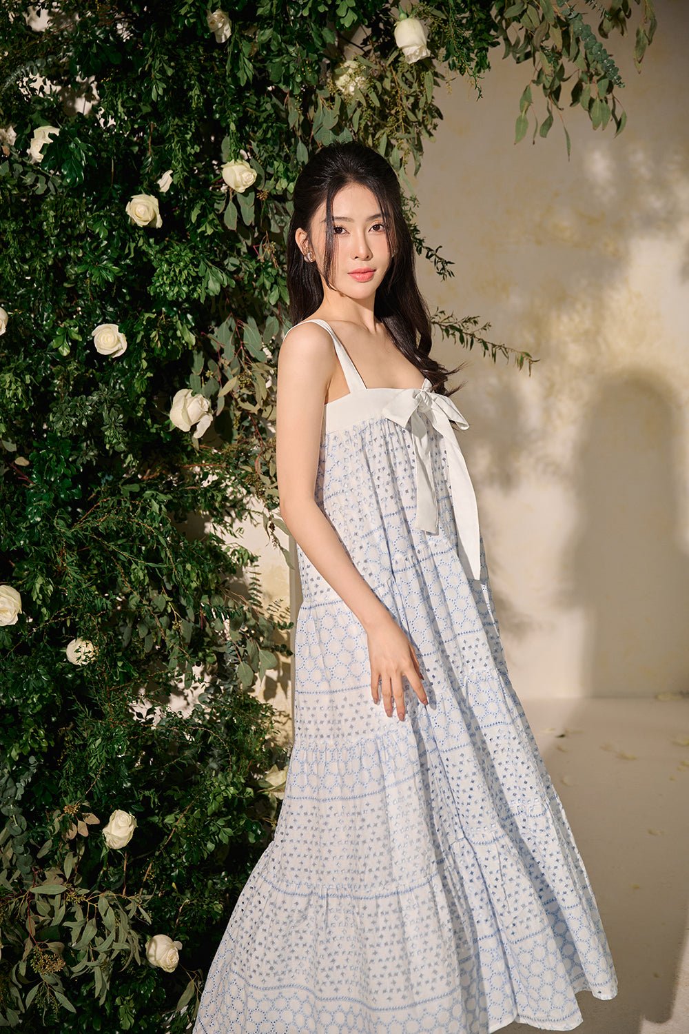 Amelie 3-Way Maxi Dress in White & Blue Broderie Anglaise