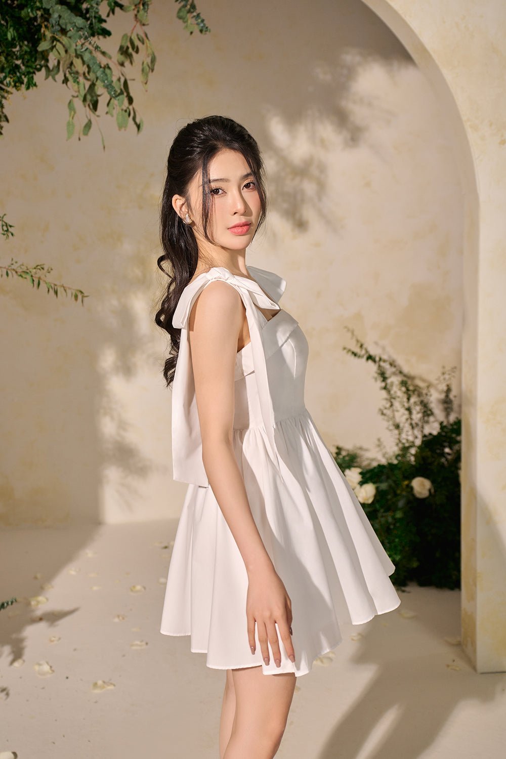 Annette Extravagant Ribbon Fit & Flare Mini Dress in Iconic White