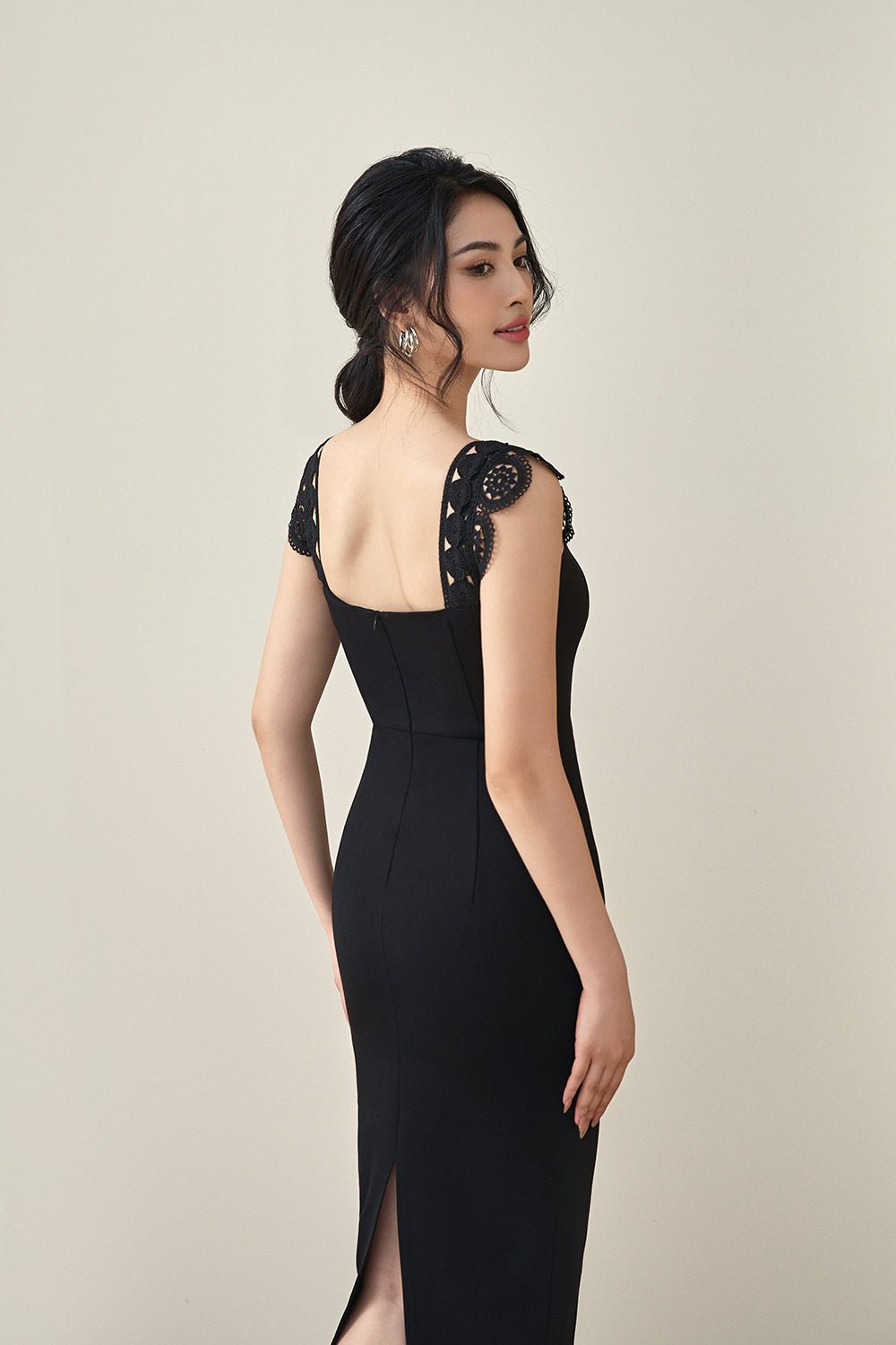 Brigitta Crochet Strap Pencil Dress in Classic Black