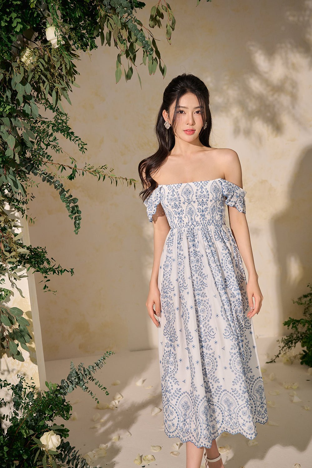Camille Flutter Sleeves Embroidery Anglaise Dress in White/Blue