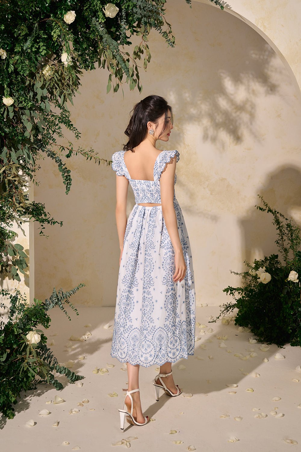 Camille Flutter Sleeves Embroidery Anglaise Dress in White/Blue