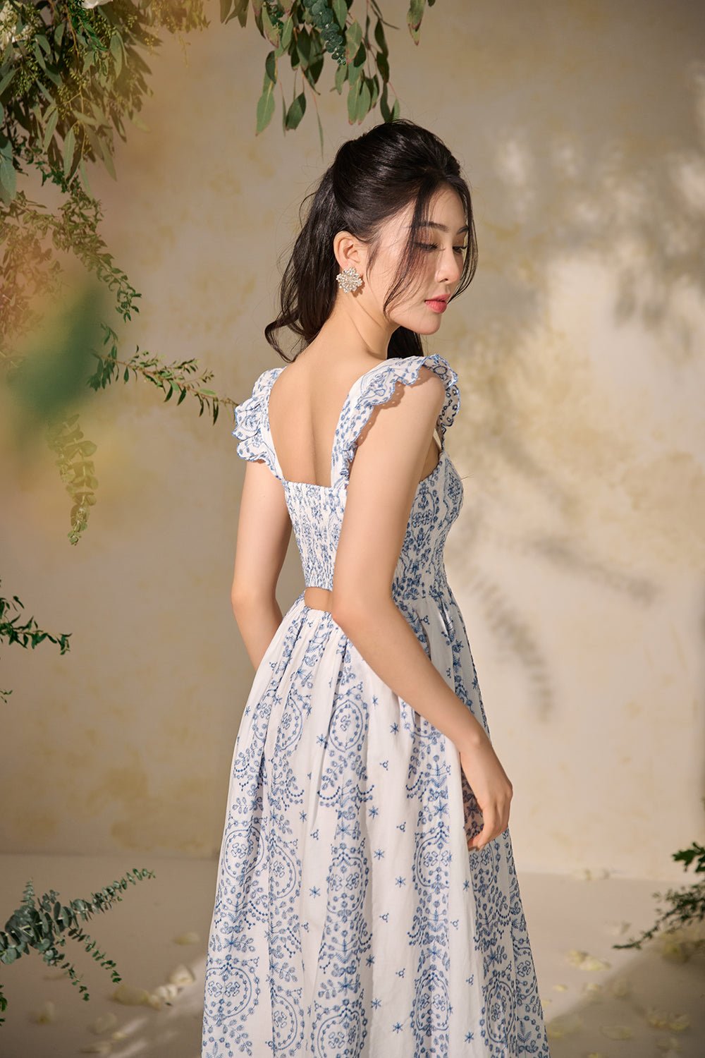 Camille Flutter Sleeves Embroidery Anglaise Dress in White/Blue