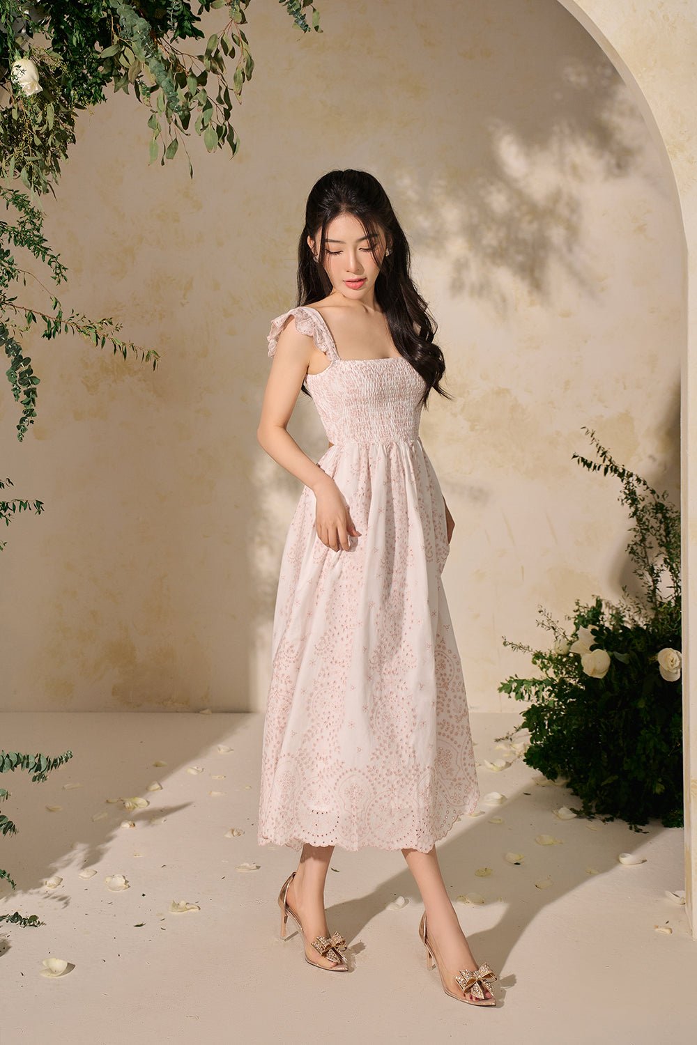 Camille Flutter Sleeves Embroidery Anglaise Dress in White/Pink
