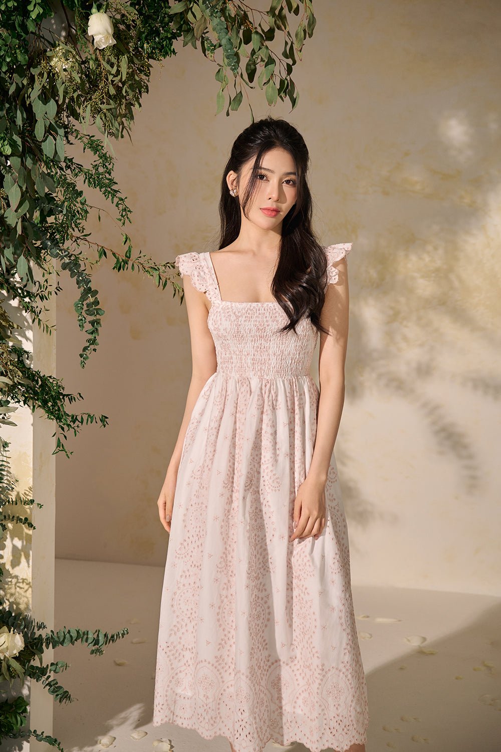 Camille Flutter Sleeves Embroidery Anglaise Dress in White/Pink