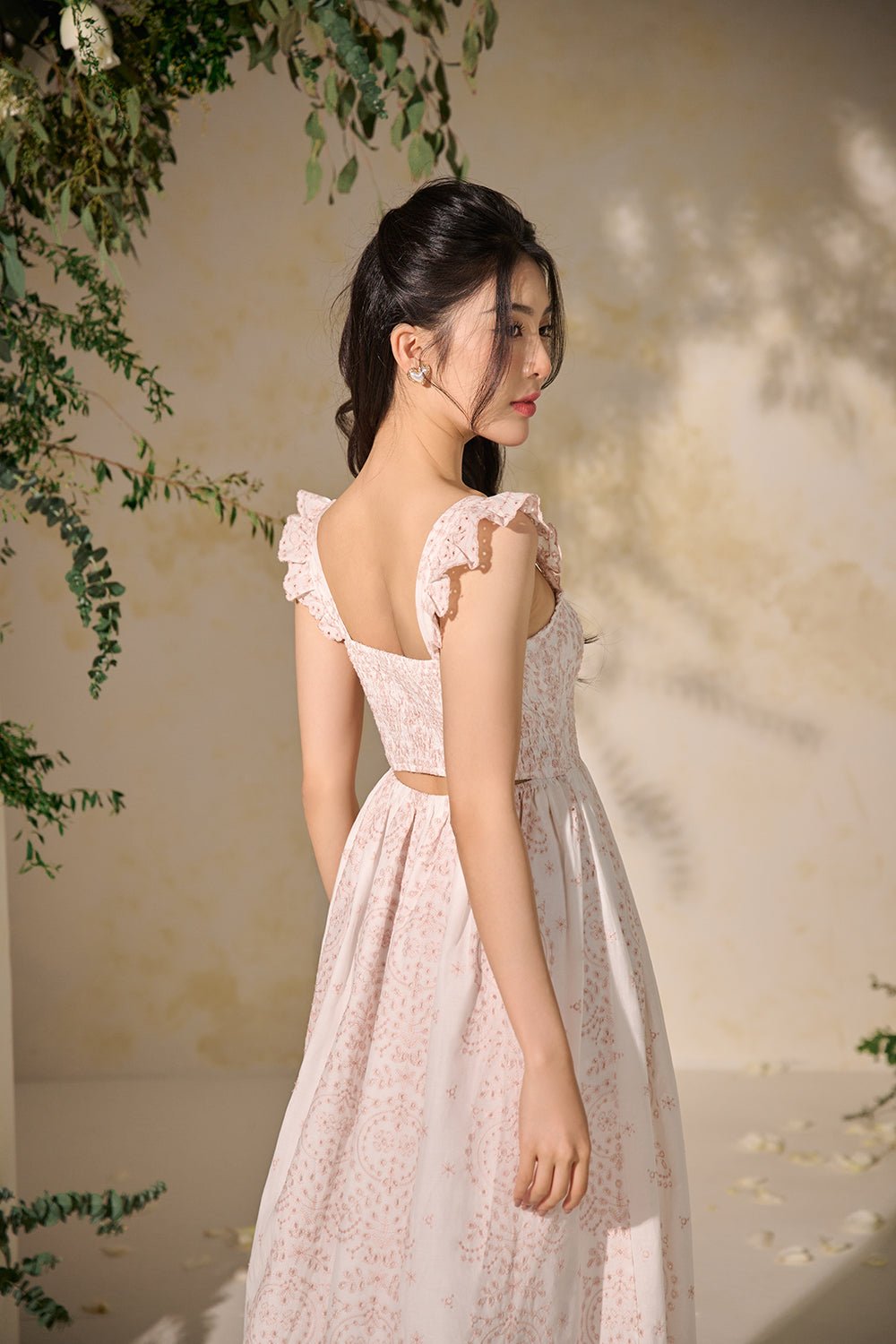 Camille Flutter Sleeves Embroidery Anglaise Dress in White/Pink