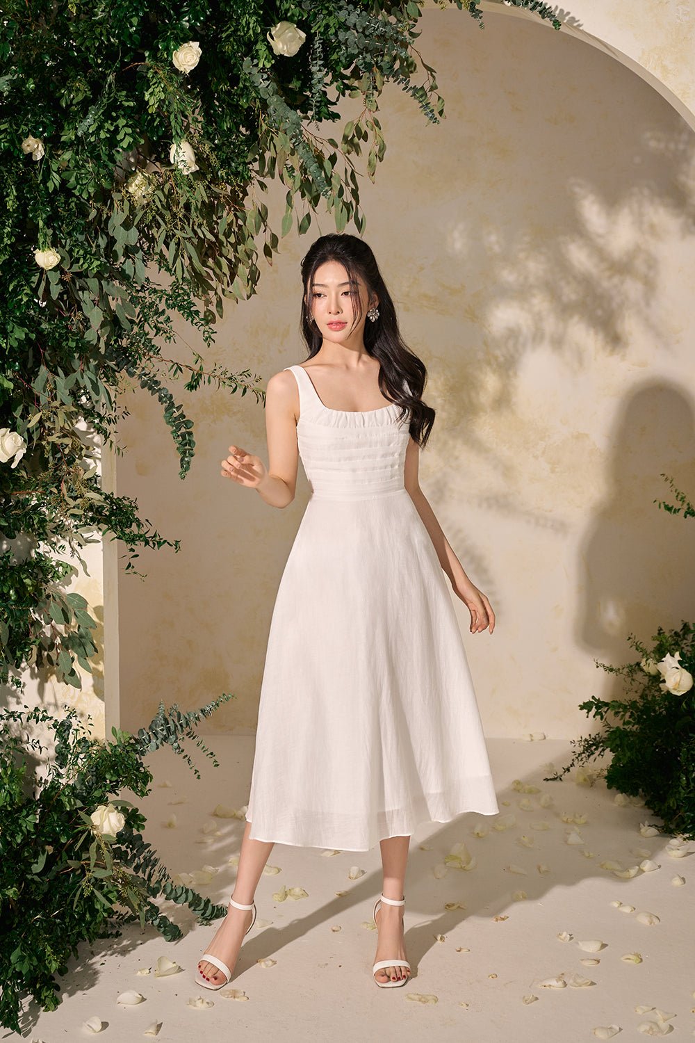 Elena Ruched Pleated Fit & Flare Midi Dress in Iconic White