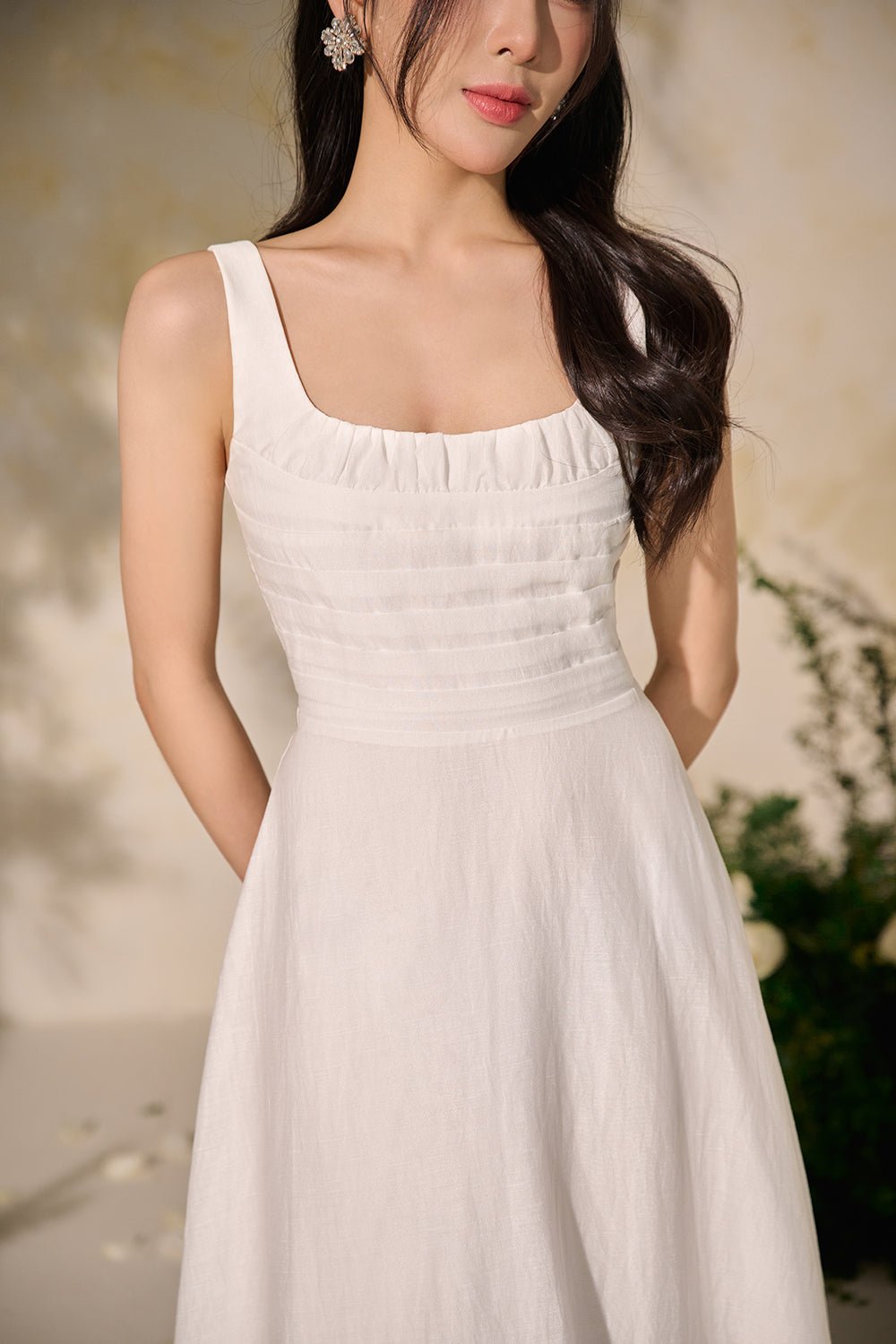 Elena Ruched Pleated Fit & Flare Midi Dress in Iconic White