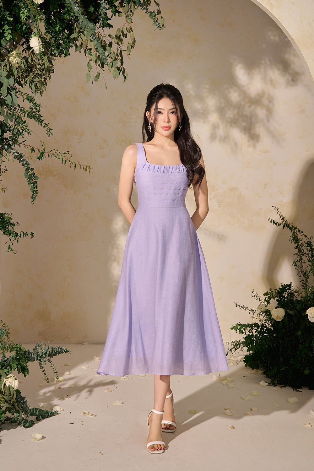 Elena Ruched Pleated Fit & Flare Midi Dress in Soft Violet