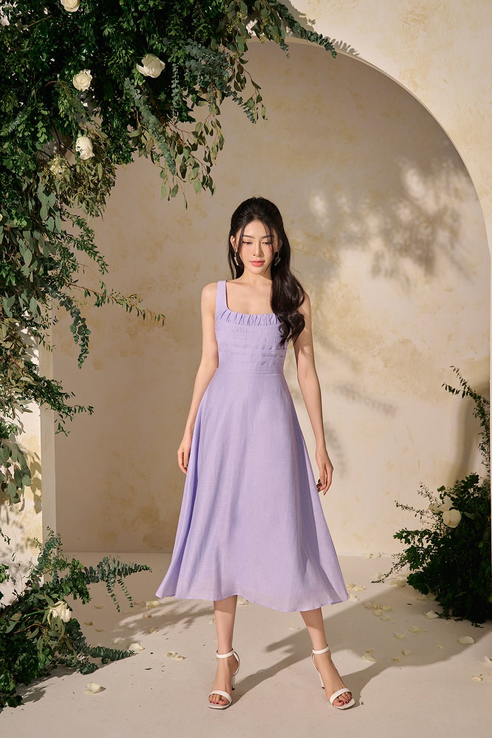 Elena Ruched Pleated Fit & Flare Midi Dress in Soft Violet