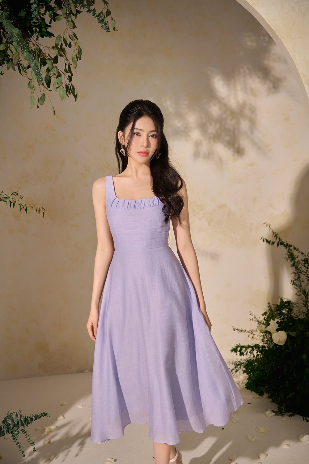 Elena Ruched Pleated Fit & Flare Midi Dress in Soft Violet