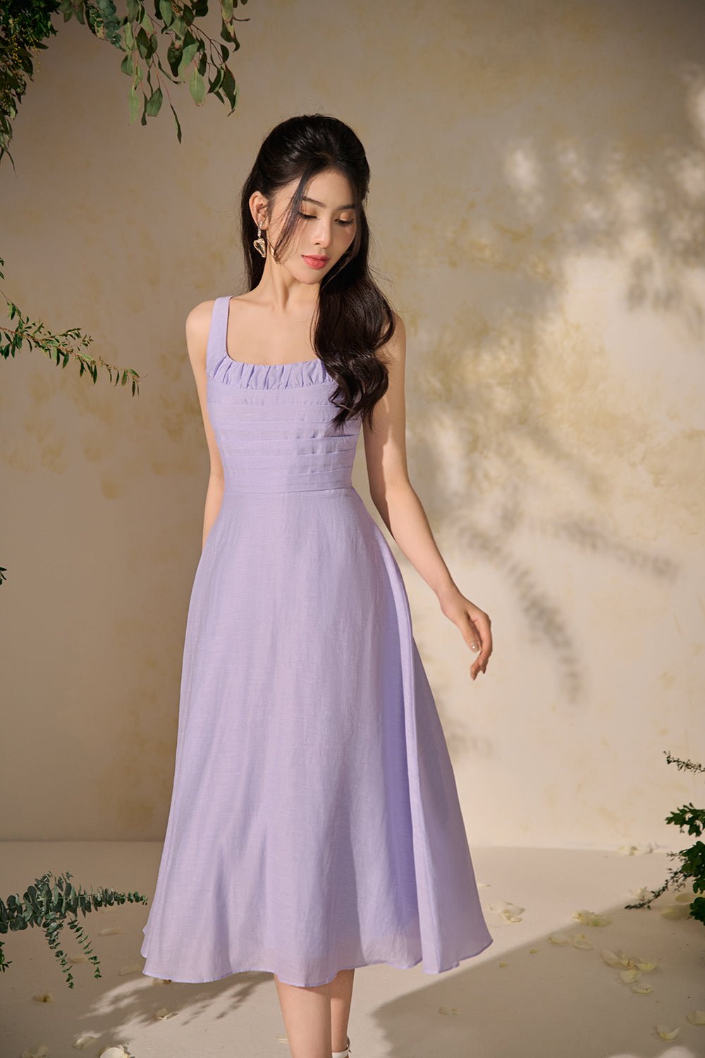 Elena Ruched Pleated Fit & Flare Midi Dress in Soft Violet